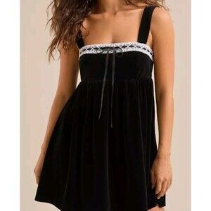 NEW Altar'd State Womens Medium Goldie Velvet Mini Dress Black Bow Coquette